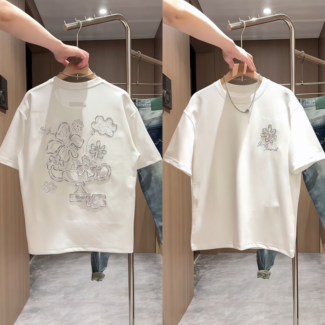 【直播间同款】时尚潮流百搭舒适圆领短袖T恤重工刺绣男女款上衣