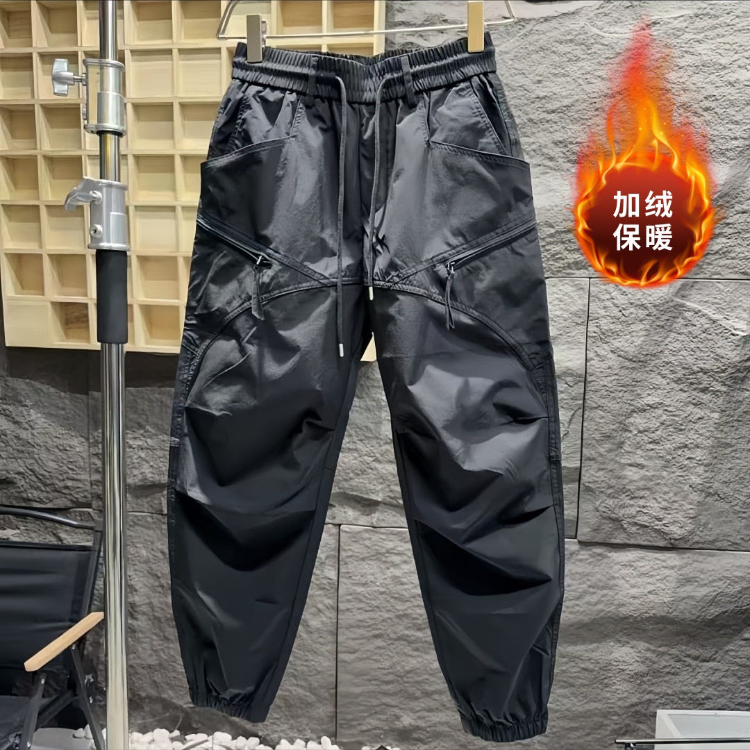 潮牌时尚秋冬加绒休闲裤男百搭拼接明线设计秋季韩版束脚轻奢长裤