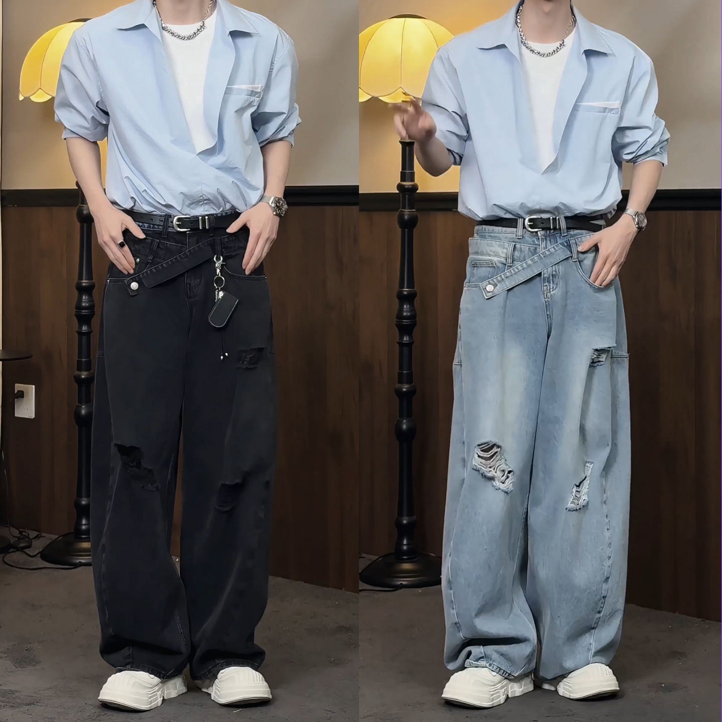 美式潮流复古破洞阔腿牛仔裤春季新款男士时尚痞帅高街做旧休闲裤