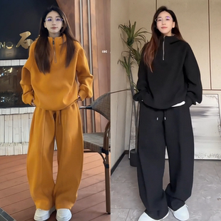 直播冬季加厚半拉链卫衣阔腿裤套装运动百搭高质感舒适男女两件套