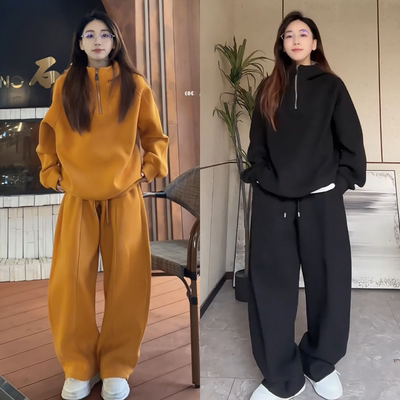 冬季加厚半拉链卫衣阔腿裤套装