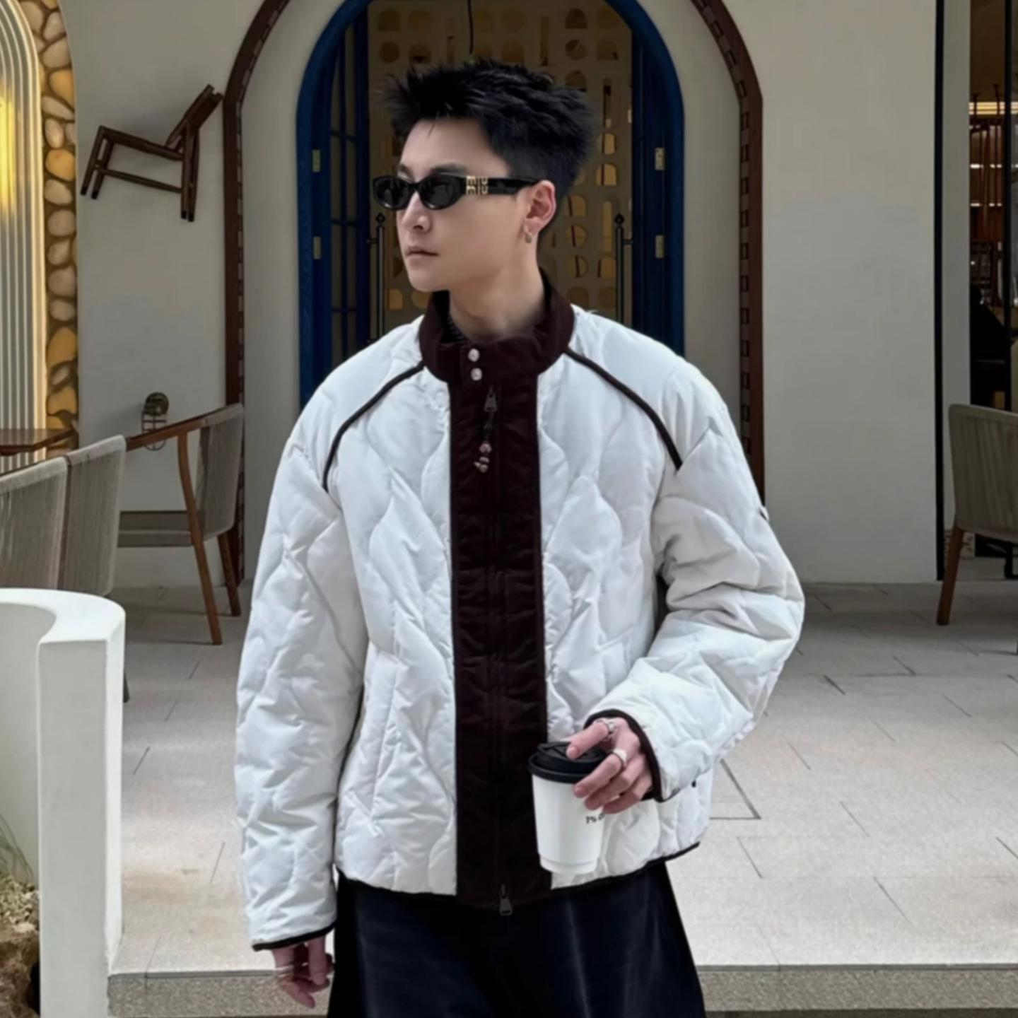 美式潮流拼接撞色棉服男冬季轻奢高质量灯芯绒赛车领保暖夹克外套