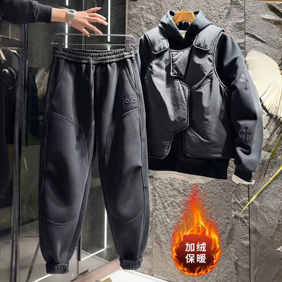 冬季新款时尚潮牌拼接钢印字母束脚卫裤简约百搭男士加绒休闲裤潮