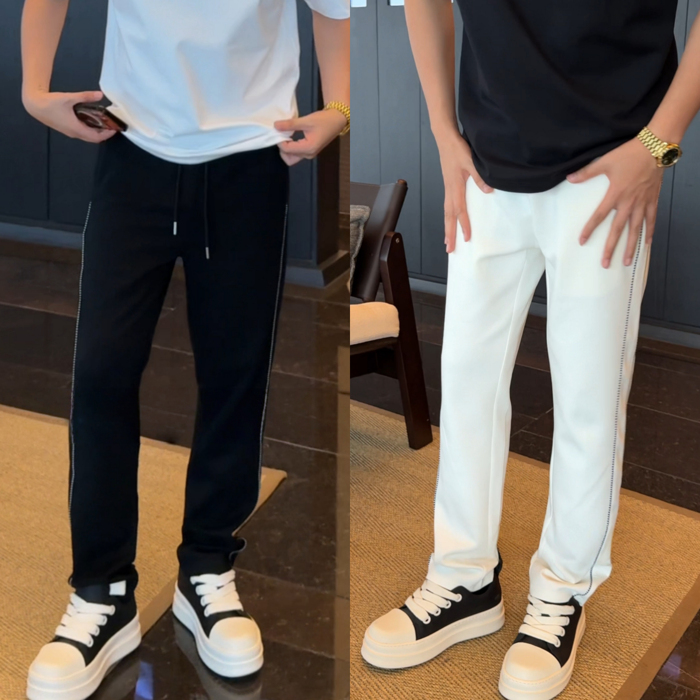 男款双杠线条撞色设计款宽松潮流时尚夏季轻奢百搭直筒长休闲裤子