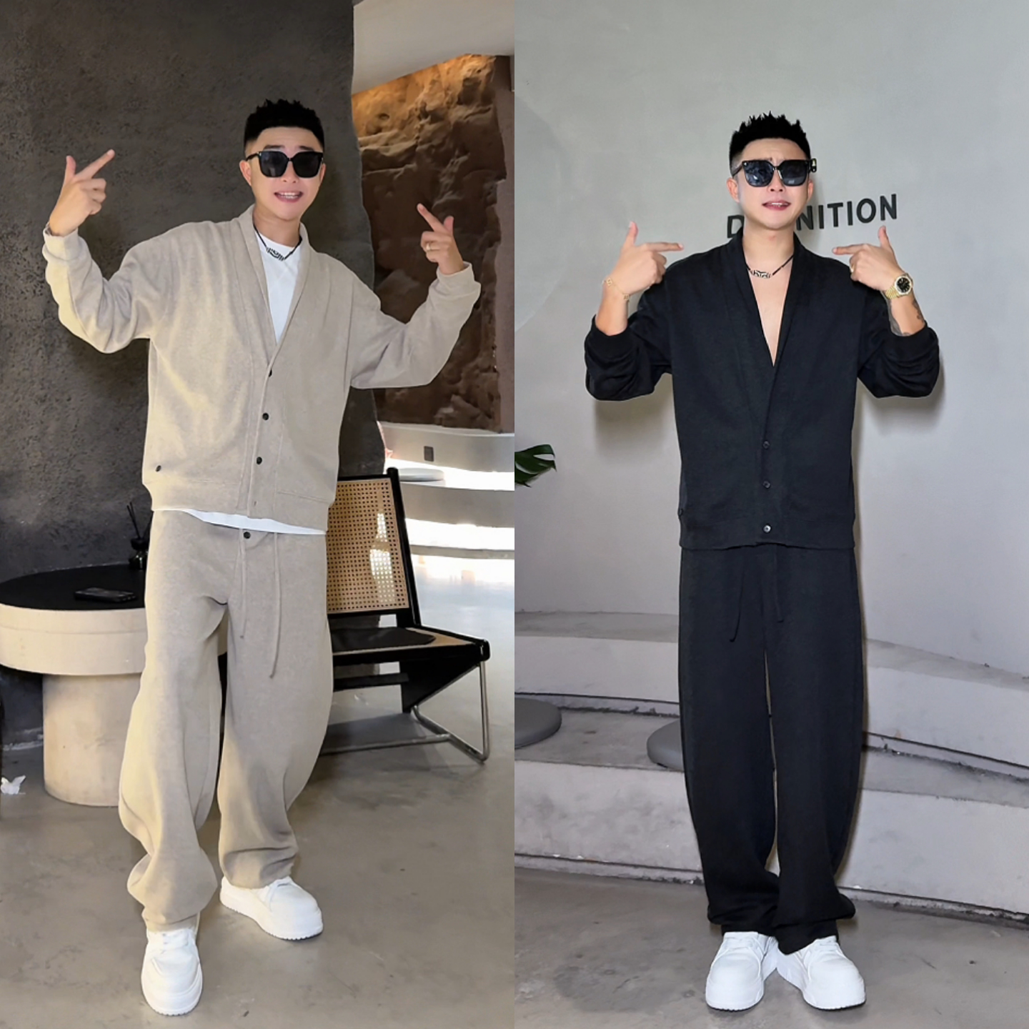 立领设计开衫套装明扣针织休闲裤