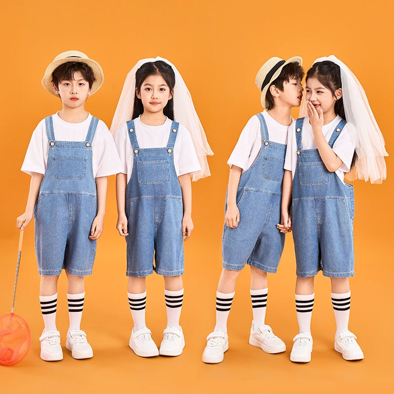 幼儿园毕业季拍照儿童背带短裤牛仔小学生运动会啦啦队表演服班服