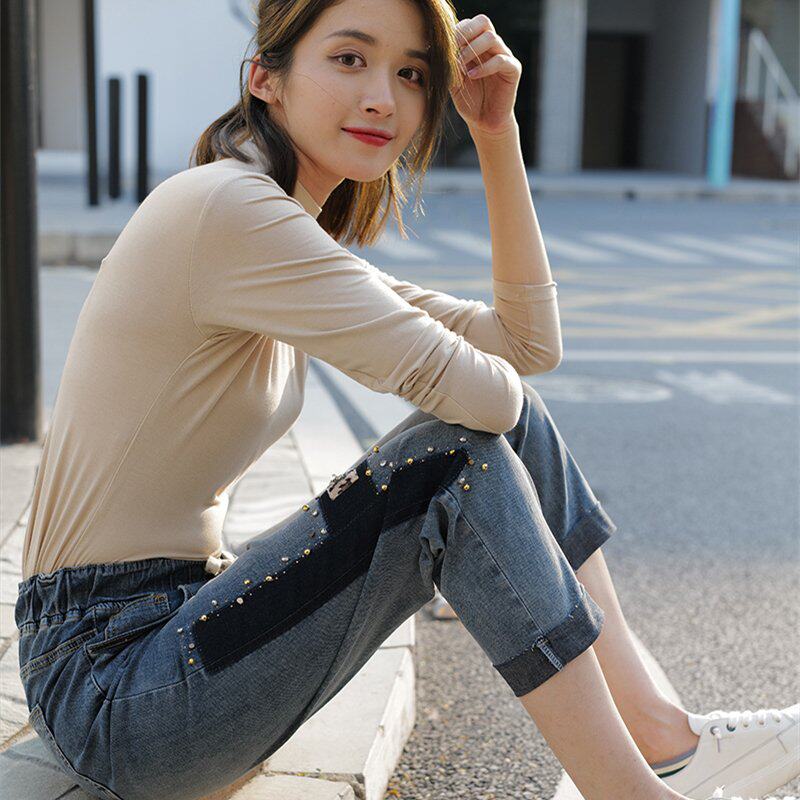 香依雅园牛仔裤女春季新款高腰大码胖MM时尚图案垮裤九分裤