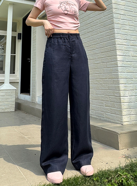香依雅园 2025夏季新款200斤大码亚麻宽松休闲直筒裤蓝色56087