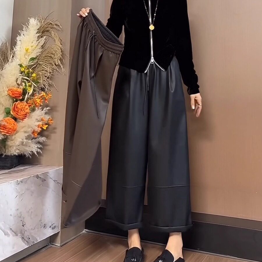 欧洲站2025秋冬新款皮裤奶奶裤百搭阔腿裤高腰黑色弹力宽松直筒裤,女装/女士精品,休闲裤,淘宝优惠券,粉丝福利购,淘宝优惠卷