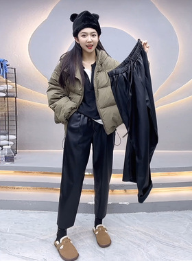 欧货加绒蛋白皮裤奶奶裤2025秋冬新款高腰黑色弹力宽松萝卜老爹裤