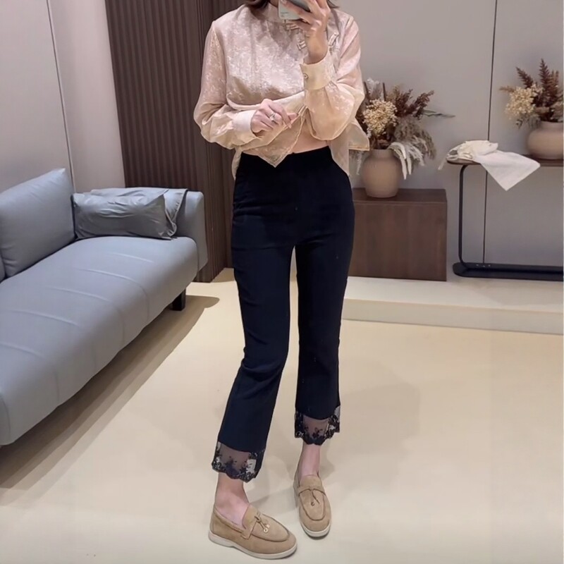 欧货2026新款蕾丝花边拼接纸皮裤女夏显瘦百搭八分直筒休闲面膜裤