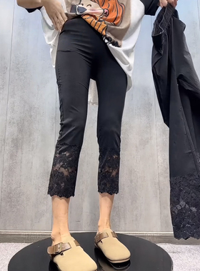 欧货2025年夏季新款八分黑色裤蕾丝拼接纸皮裤弹力高腰显瘦面膜裤