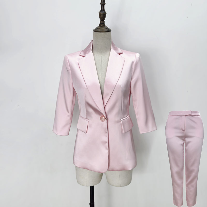 春秋薄款时尚粉红西装裤套装