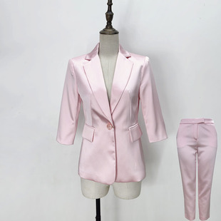 时尚 七分袖 粉红西装 套装 酒店服演出服OL风职业工作外套 裤 春秋薄款