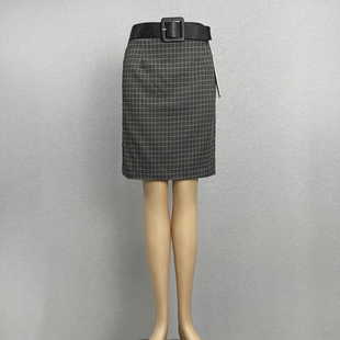 细格子灰色高腰西装裙配送腰带装饰春夏秋款过膝盖黑色职业中裙女