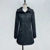 黑色加绒风衣中长外套遮臀可拆卸帽春秋薄款 亮面免洗外套男女同款