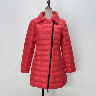 秋冬新款红色羽绒棉服中长款斜拉链年轻修身外套棉袄轻薄棉衣保暖
