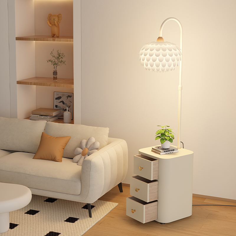 奶油风落地灯带抽屉置物架法式中古风客厅沙发旁边卧室床头柜台灯