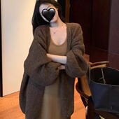 泡泡袖 美拉德复古棕色中长款 毛衣女慵懒风高级感宽松针织开衫 外套