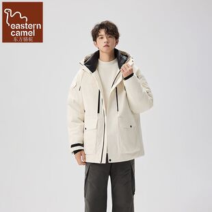 东方骆驼冬季工装羽绒服男款加厚毛领青少年潮牌帅气派克红色外套