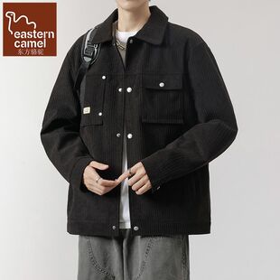 东方骆驼夹克男春季休闲翻领纯色工装灯芯绒外套复古潮百搭茄克衫