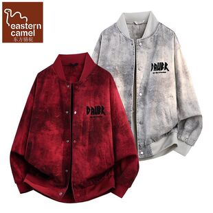 东方骆驼美式棒球服牛仔外套男春秋季新款青少年扎染夹克衬衫男装