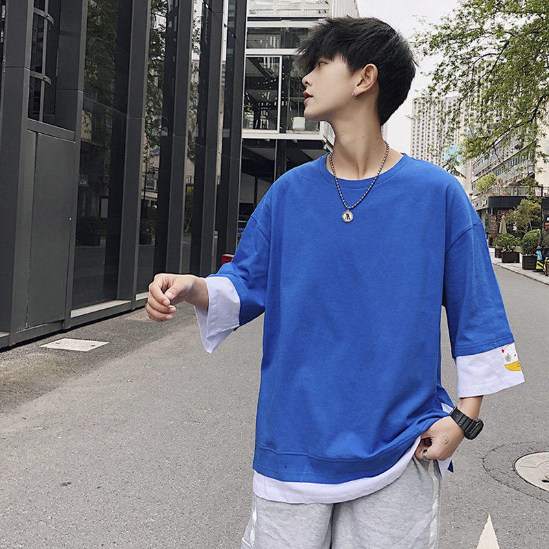 假两件纯棉七分袖男宽松韩版潮流ins学生百搭上衣港风百搭短袖t恤