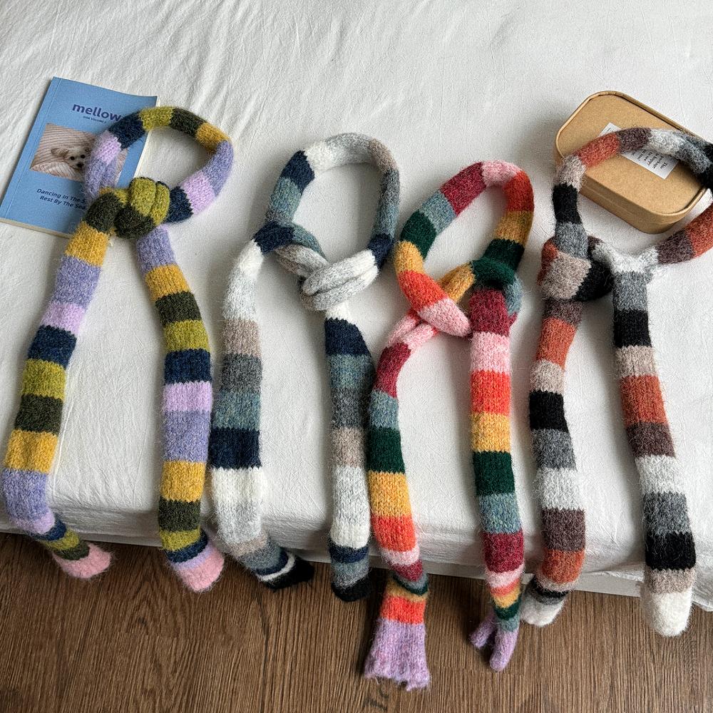 韩版细窄长款Y2k彩色条纹围巾