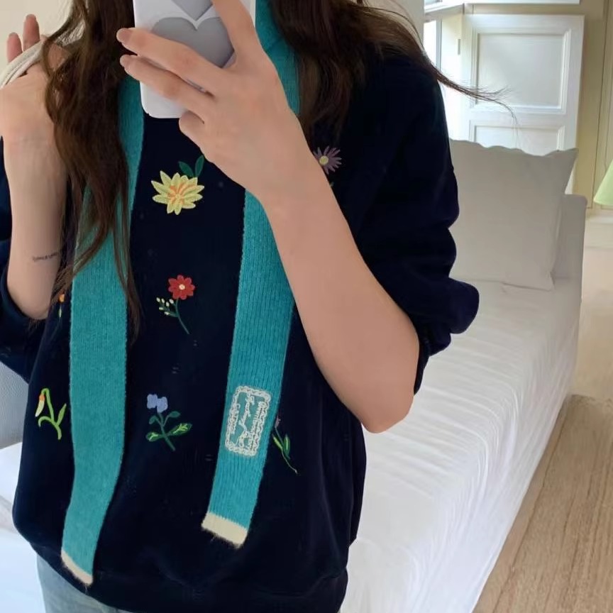 ins纯色针织围巾蕾丝细围脖保暖