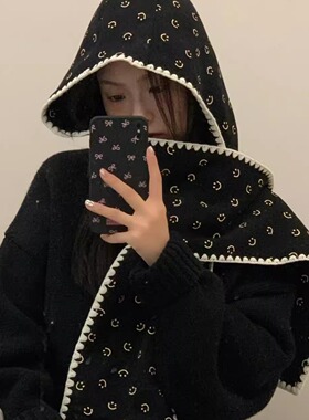 Minjiena笑脸围巾帽子一体保暖高级感针织围脖冬季黑色韩系护耳帽