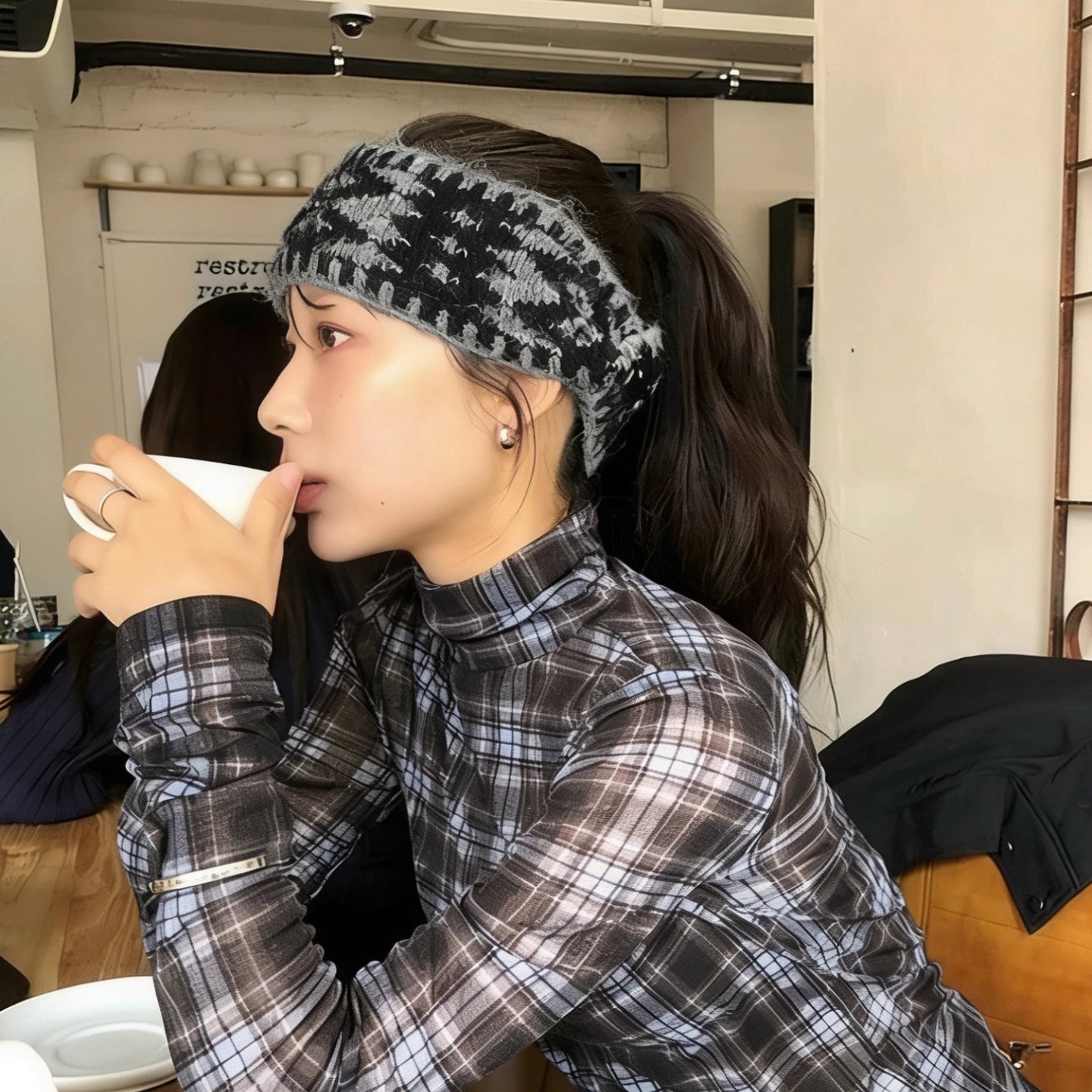 韩系复古菱形格针织毛线发带头套