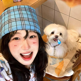 韩系ins蓝色格子y2k头巾帽子女多功能嘻哈复古发带骑行头套脖套潮