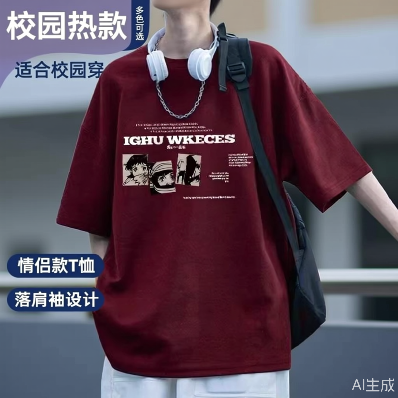 ins超火情侣款纯棉T恤男2023网红潮牌宽松七分袖韩版百搭 活动价