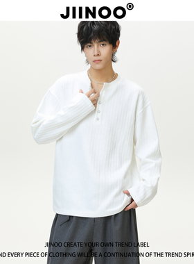 JIINOO老钱风肌理感条纹亨利领长袖T恤男女秋季简约宽松打底上衣