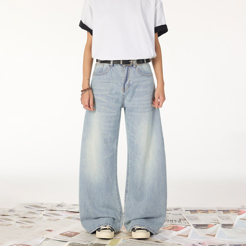 水洗蓝男士阔腿天丝牛仔裤