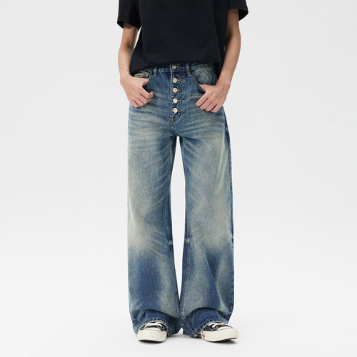 JIINOO美式复古水洗阔腿牛仔裤