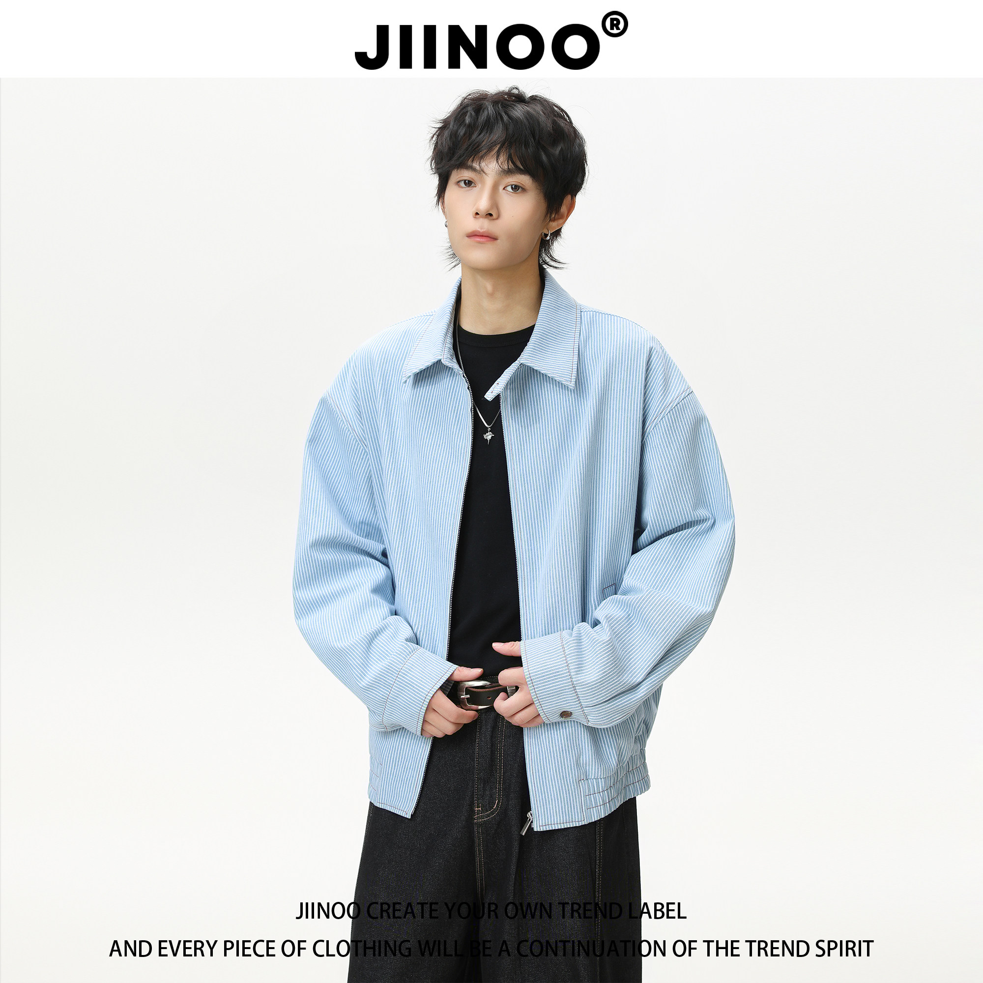JIINOO美式复古条纹cleanfit翻领夹克男士秋季宽松外套
