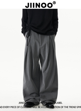 JIINOO美式复古褶皱宽松西裤男女2025夏季新款高腰显瘦直筒休闲裤
