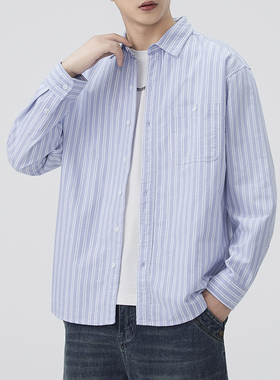 JIINOO男女基础蓝白条纹衬衫日系休闲纯棉宽松口袋长衬衫秋季新款
