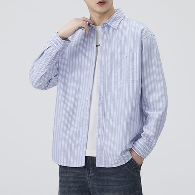 JIINOO蓝白条纹日系休闲衬衫