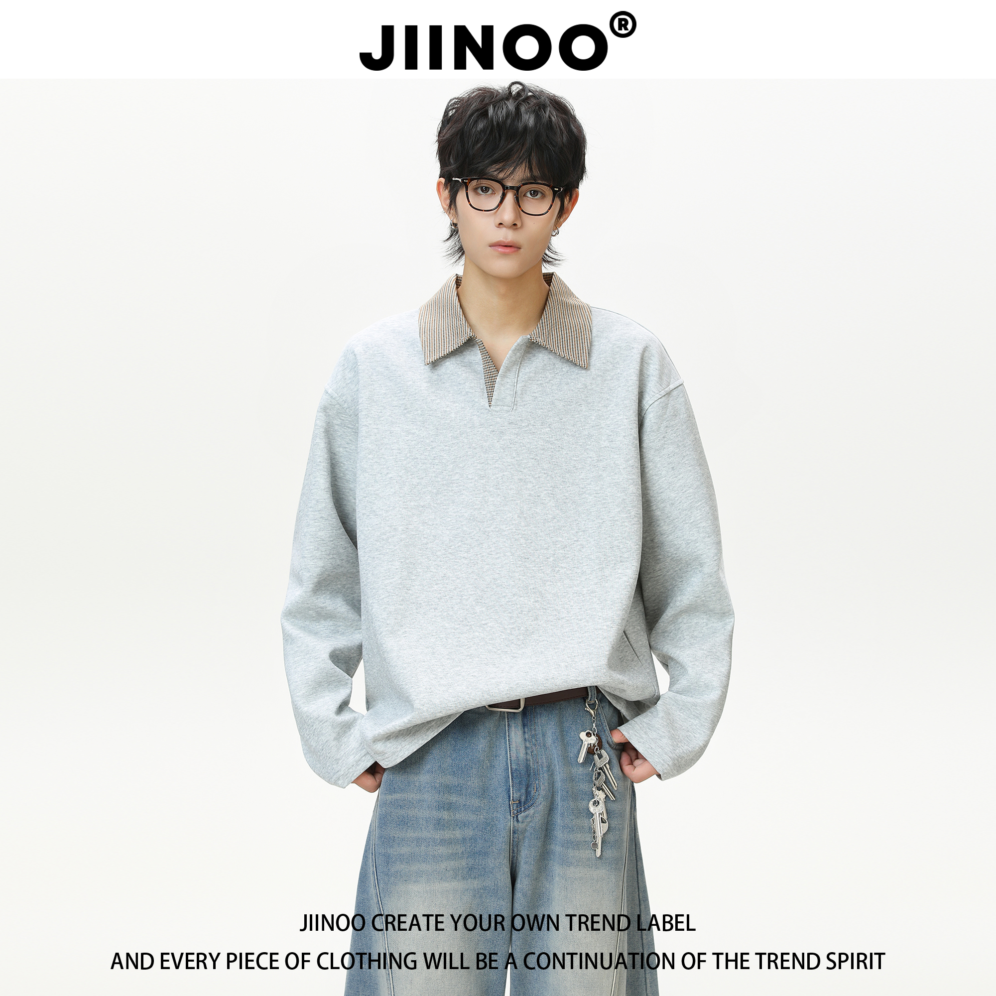JIINOO千鸟格翻领打底衫polo领