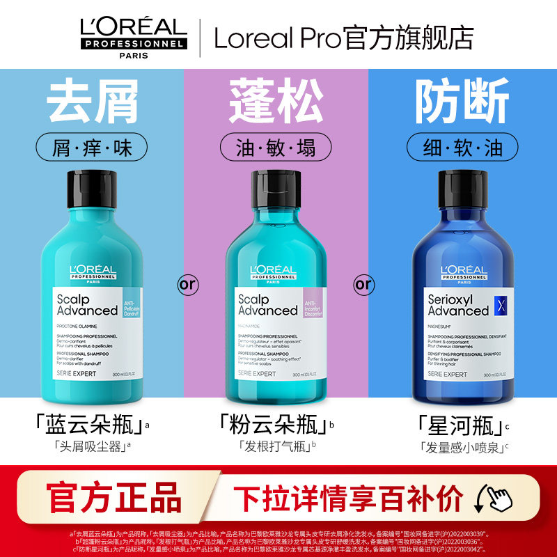 【百补】欧莱雅PRO粉云朵瓶蓝云朵瓶防断黑宝瓶蓬松洗发水图片