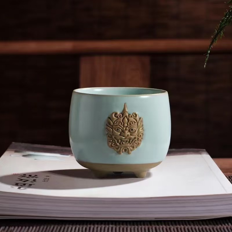 新款现货东道汝窑九愿谛听杯汝雕精品开片茶杯禅意主人杯礼盒装