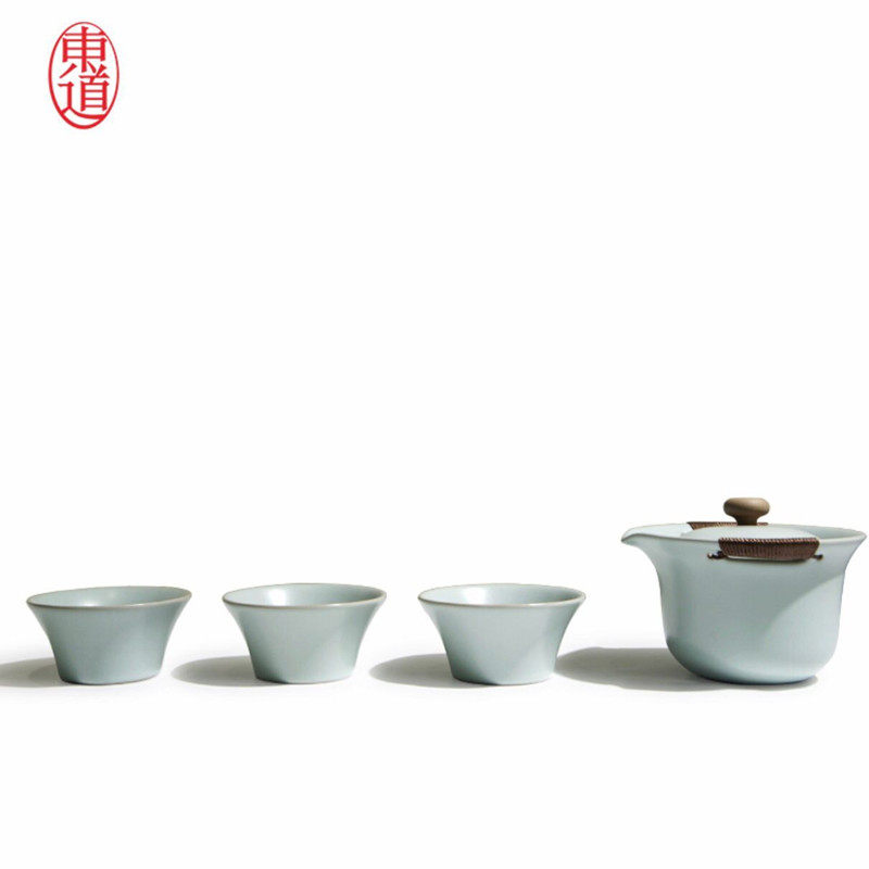 东道汝窑晨香侧杯小茶组天青一壶三杯精品开片功夫茶具盖碗套装