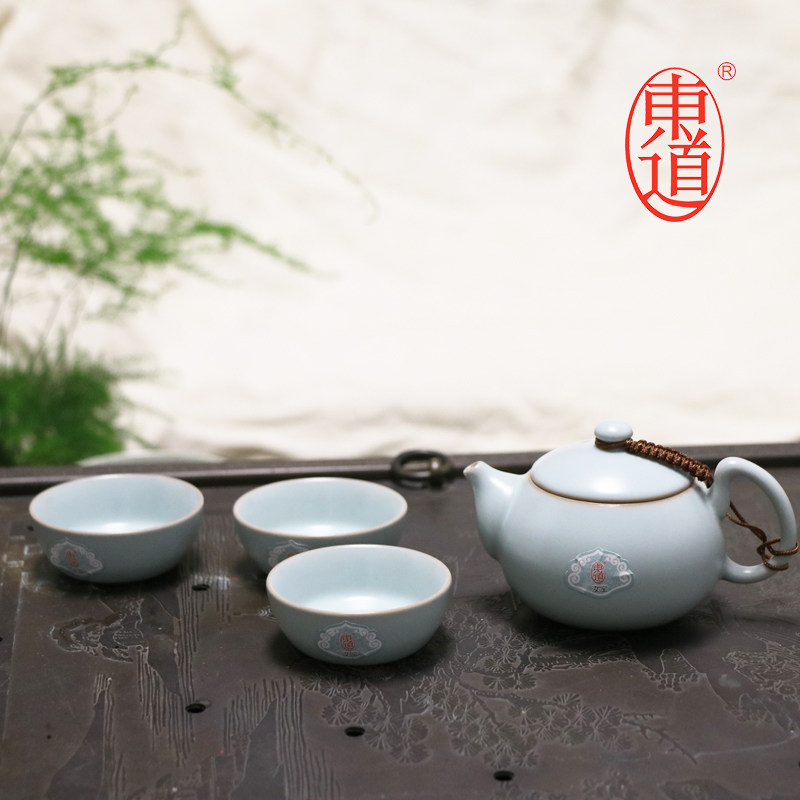 正品东道汝窑精品功夫茶具套组冰裂开片可养坐禅壶杯套组一壶三杯
