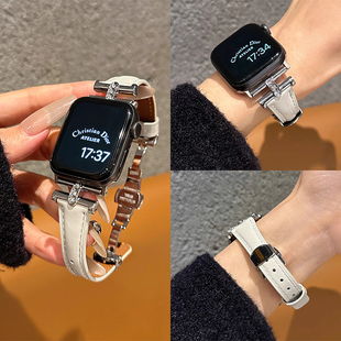 皮质凯旋门适用苹果手表S11表带S10闪钻女款iwatch9华强北S8腕带7