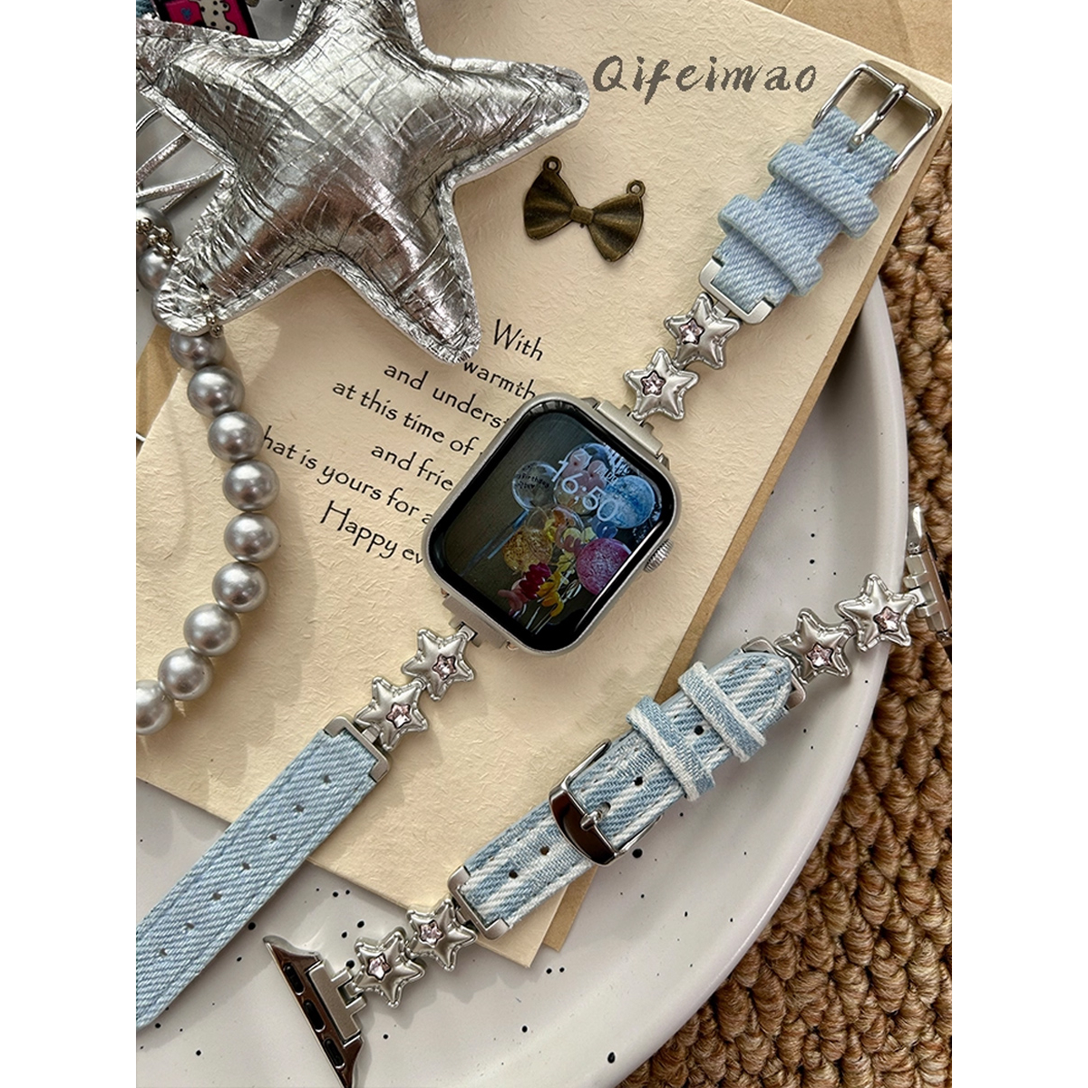 气球星星拼牛仔皮适用荣耀手表带