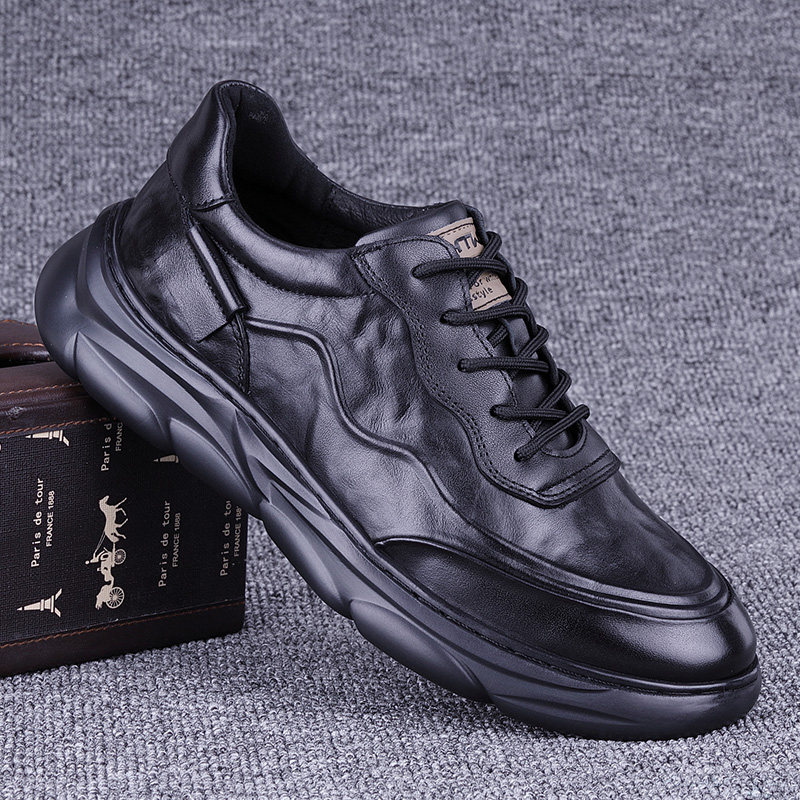 外贸真皮运动皮鞋男头层牛皮男鞋2025春款厚底休闲皮鞋防滑实心底