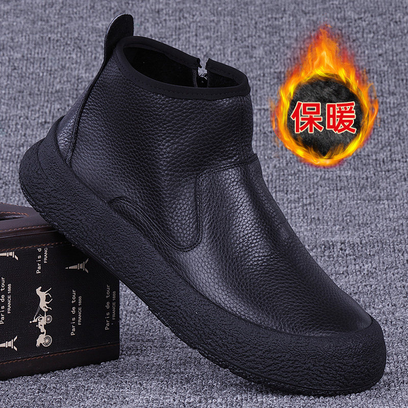外贸真皮男士高帮棉皮鞋冬季加绒保暖头层牛皮侧拉链休闲马丁靴男