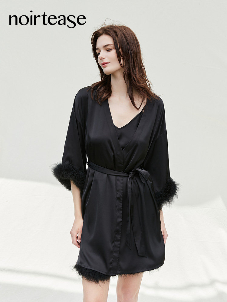 NoirTease夏季薄款性感丝质睡袍女士微透系带五分袖浴袍家居服